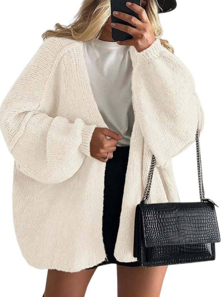 Women's Solid Color Chunky Knit Open Front Lantern Sleeve Mid-Length Cardigan