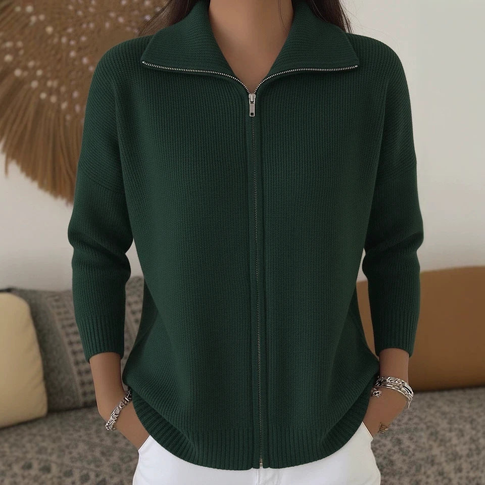 Full Zip Ribbed Knit Collared Cardigan