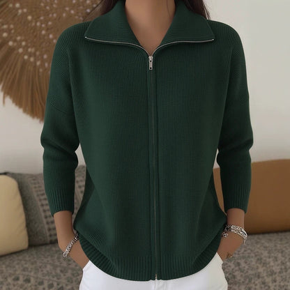 Full Zip Ribbed Knit Collared Cardigan