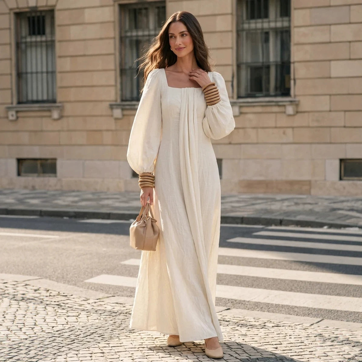 Square Neck Puff Long Sleeve Flowy Maxi Dress