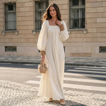 Square Neck Puff Long Sleeve Flowy Maxi Dress