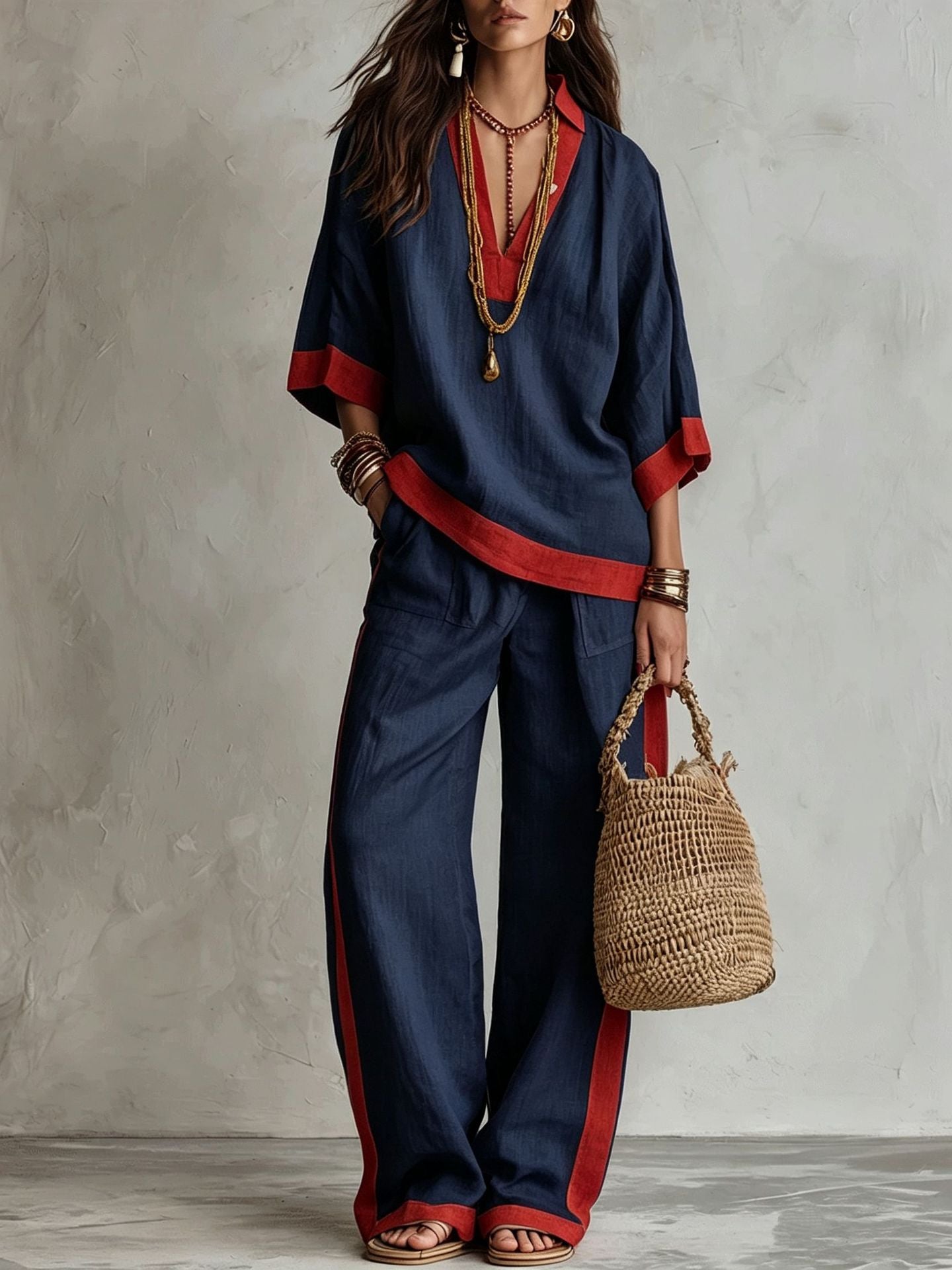Contrast Trim Linen Two Piece Set