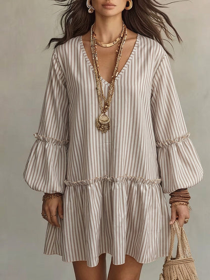 Striped V-Neck Ruffle Hem Mini Dress