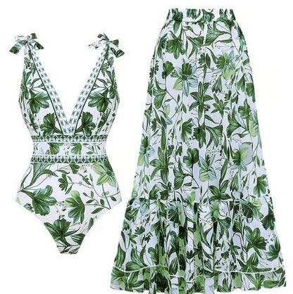 Hugmecurve® V Neck Lace Up Strip Plant Prints One Piece Swimsuit and Skirt/Sarong