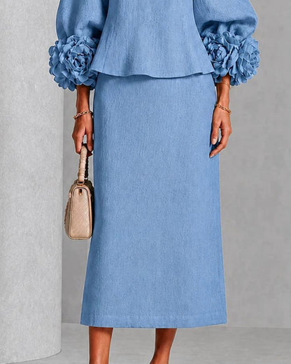 Elegant Floral Cuff Blouse and Skirt Matching Set