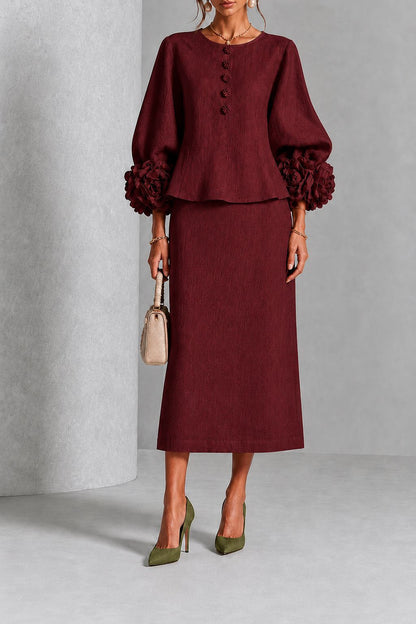 Elegant Floral Cuff Blouse and Skirt Matching Set