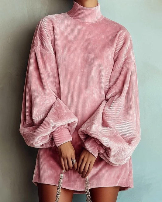 Women's Solid Ribbed Velvet Turtleneck Balloon Long Sleeve Mini Dress