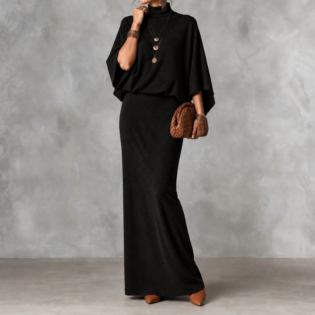 Elegant Solid Color Batwing Top Ang Skirt Two-piece Set
