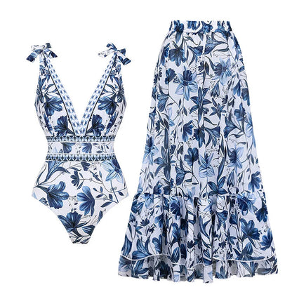 Hugmecurve® V Neck Lace Up Strip Plant Prints One Piece Swimsuit and Skirt/Sarong