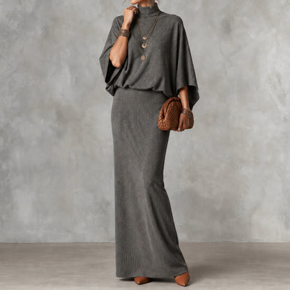 Elegant Solid Color Batwing Top Ang Skirt Two-piece Set