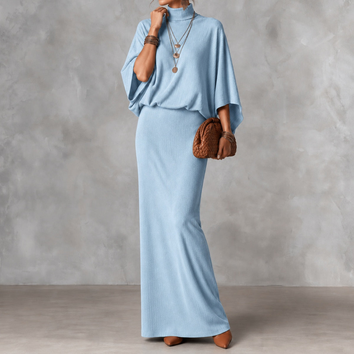 Elegant Solid Color Batwing Top Ang Skirt Two-piece Set