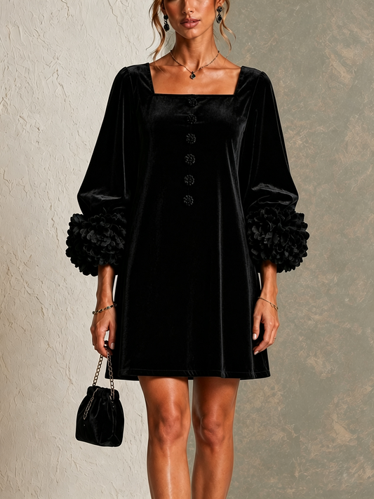 Black Velvet Button-front Mini Dress Featuring Striking Floral Cuffs