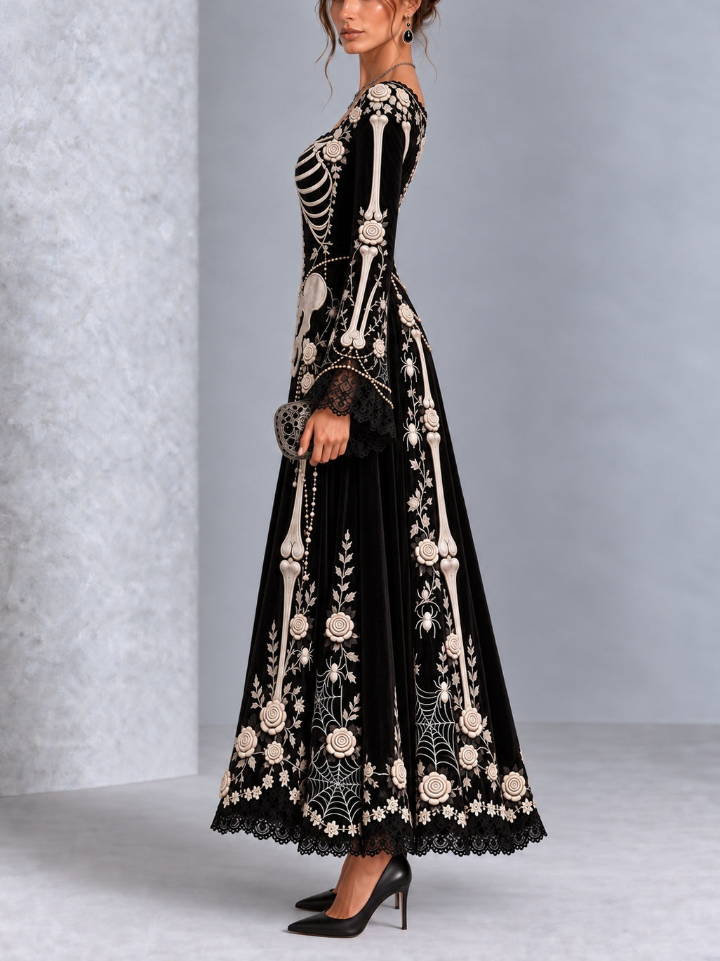 Gothic Black And White Skull And Rose Print Long-sleeved Halloween Maxi Dress