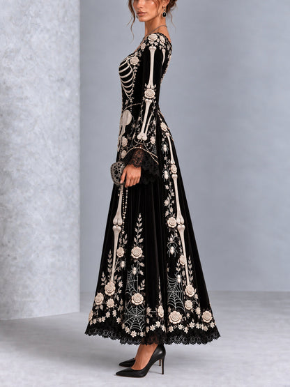 Gothic Black And White Skull And Rose Print Long-sleeved Halloween Maxi Dress