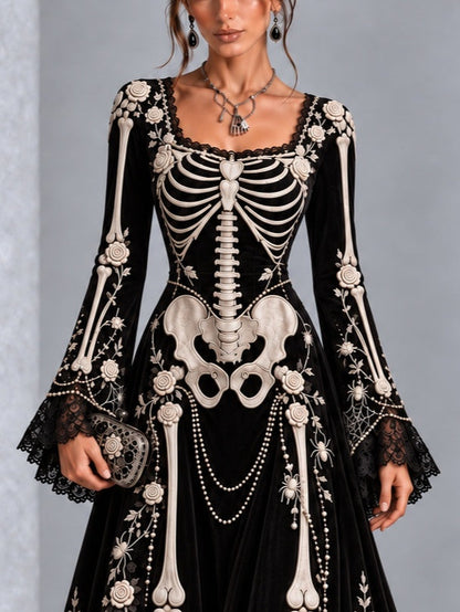 Gothic Black And White Skull And Rose Print Long-sleeved Halloween Maxi Dress
