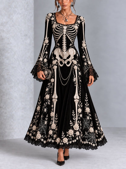Gothic Black And White Skull And Rose Print Long-sleeved Halloween Maxi Dress