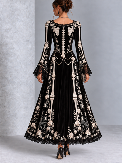 Gothic Black And White Skull And Rose Print Long-sleeved Halloween Maxi Dress