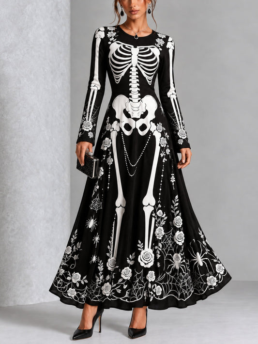 Gothic Black And White Skull And Rose Print Long-sleeved Halloween Maxi Dress