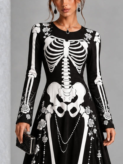 Gothic Black And White Skull And Rose Print Long-sleeved Halloween Maxi Dress