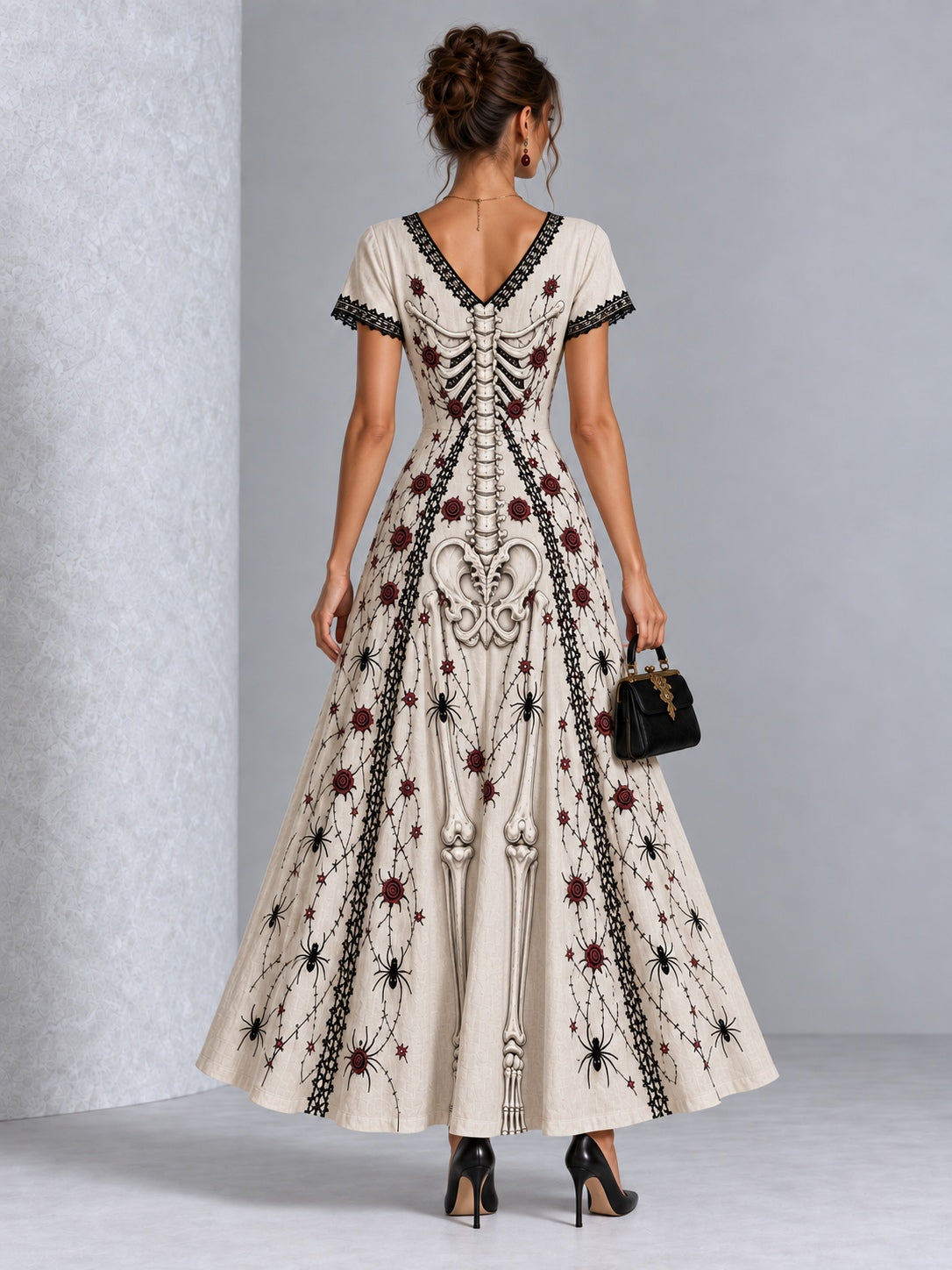 Vintage Gothic Skull Rose Spider Print Lace Trim Halloween Maxi Dress
