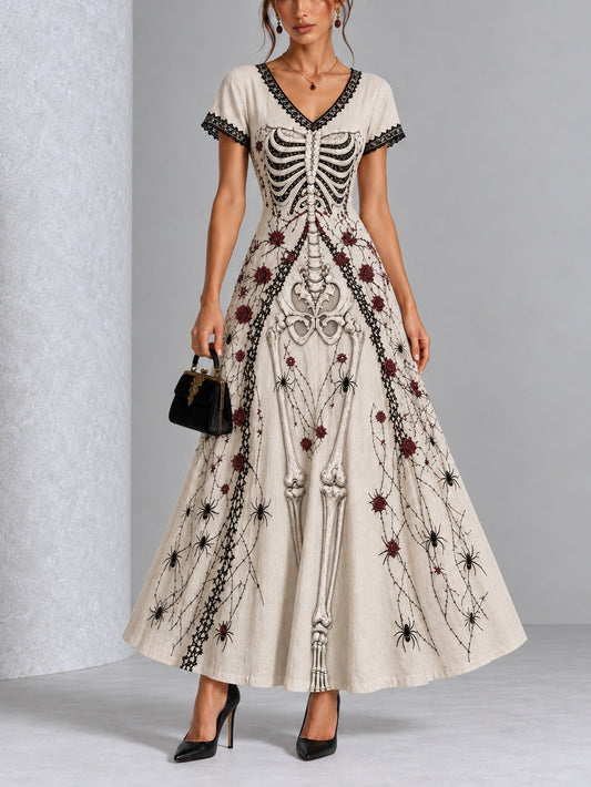 Vintage Gothic Skull Rose Spider Print Lace Trim Halloween Maxi Dress
