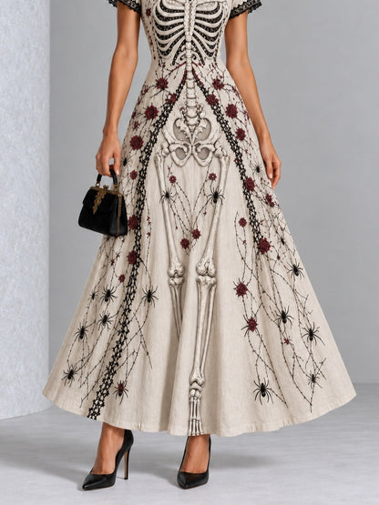 Vintage Gothic Skull Rose Spider Print Lace Trim Halloween Maxi Dress