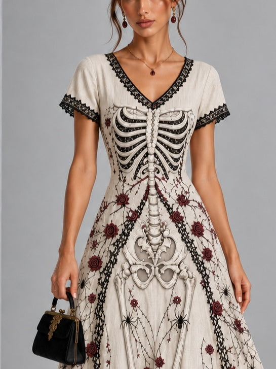 Vintage Gothic Skull Rose Spider Print Lace Trim Halloween Maxi Dress