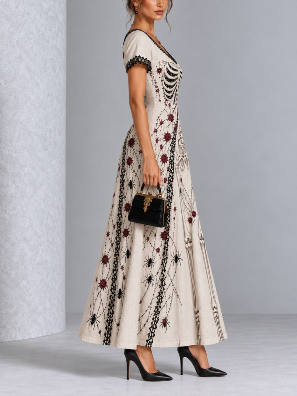 Vintage Gothic Skull Rose Spider Print Lace Trim Halloween Maxi Dress