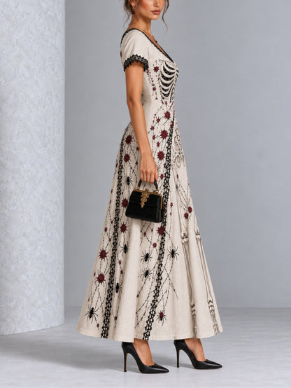 Vintage Gothic Skull Rose Spider Print Lace Trim Halloween Maxi Dress