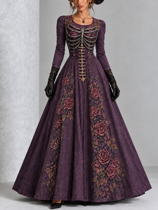Gothic Purple Skeleton Rose Print Long Sleeve Halloween Maxi Dress