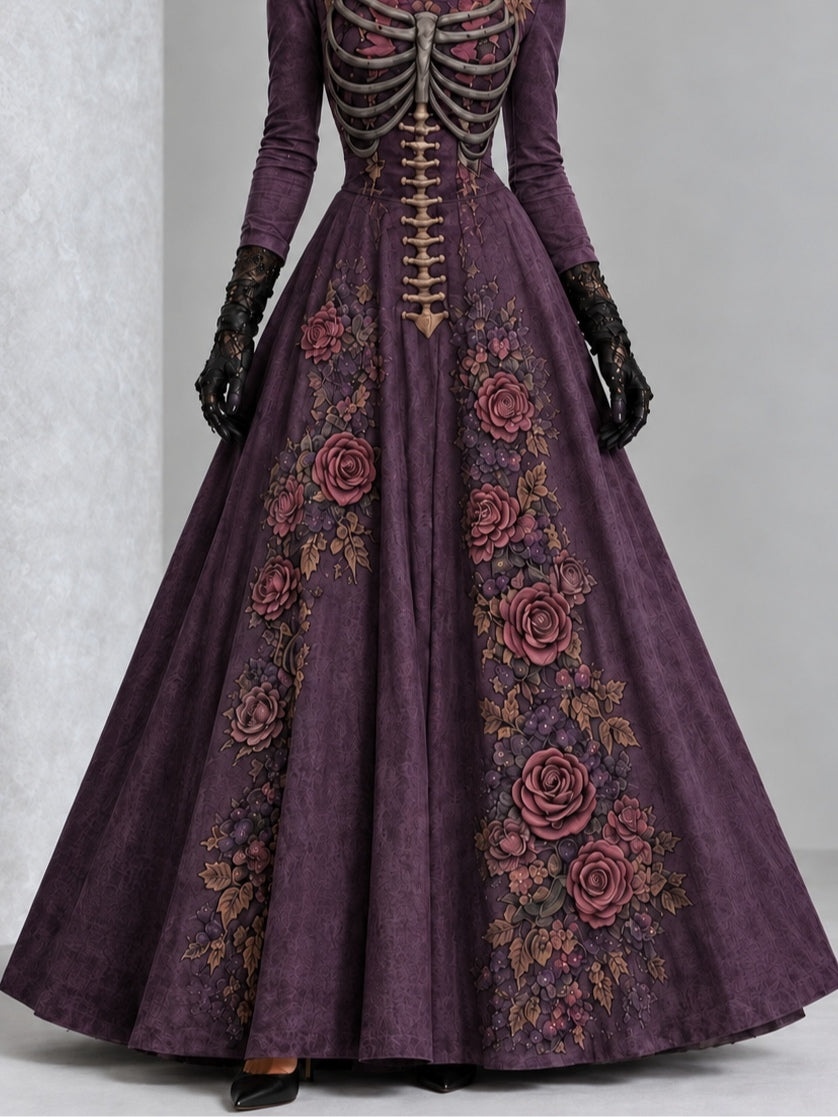 Gothic Purple Skeleton Rose Print Long Sleeve Halloween Maxi Dress