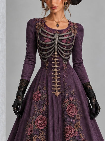 Gothic Purple Skeleton Rose Print Long Sleeve Halloween Maxi Dress