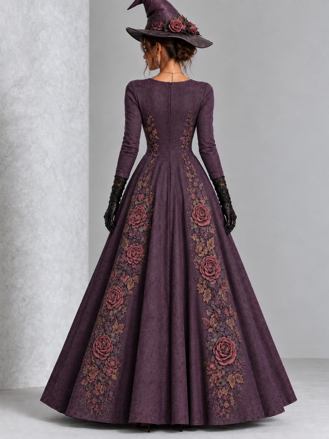 Gothic Purple Skeleton Rose Print Long Sleeve Halloween Maxi Dress