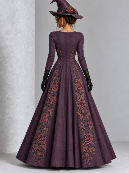 Gothic Purple Skeleton Rose Print Long Sleeve Halloween Maxi Dress