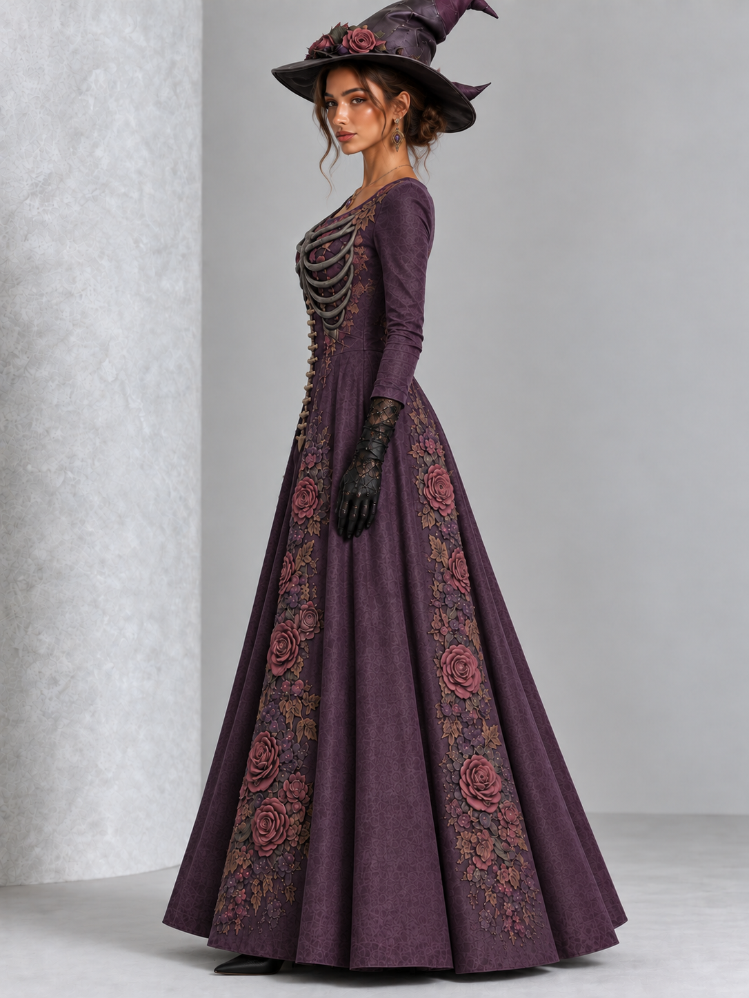 Gothic Purple Skeleton Rose Print Long Sleeve Halloween Maxi Dress