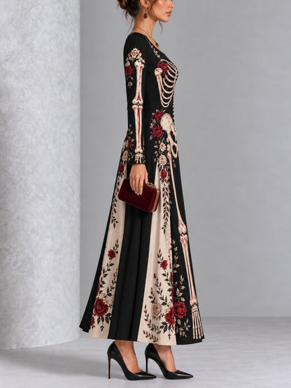 Gothic Black And White Skull And Rose Print Long-sleeved Halloween Maxi Dress
