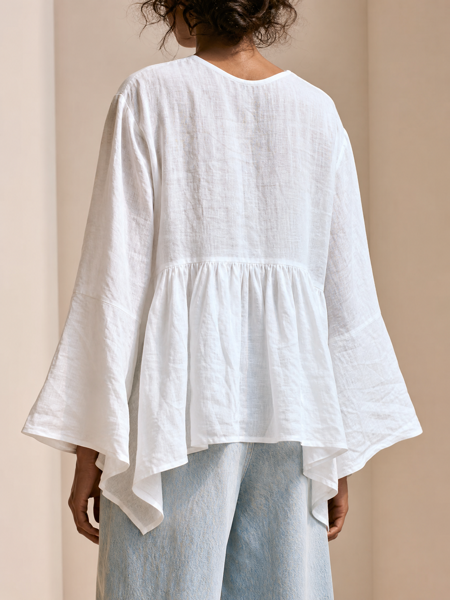 Women's Premium Minimalist Cotton-Linen V-Neck Flared Sleeves Loose Shirt ZMZ2407G3ZYY