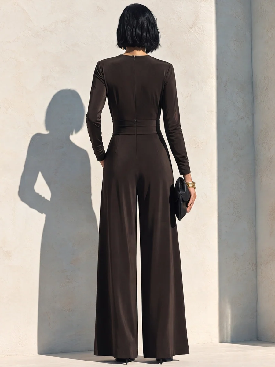 Elegant Chocolate Brown Long Sleeve Wrap Wide Leg Jumpsuit with Waist Detail