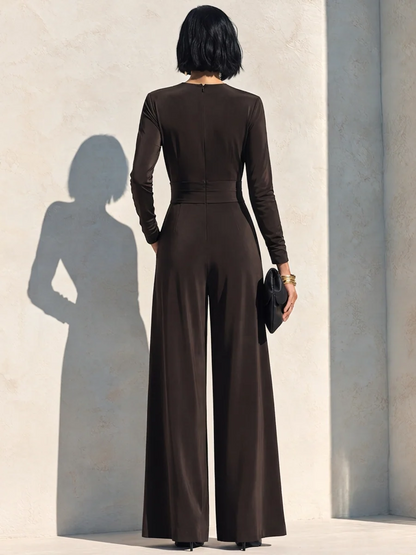 Elegant Chocolate Brown Long Sleeve Wrap Wide Leg Jumpsuit with Waist Detail