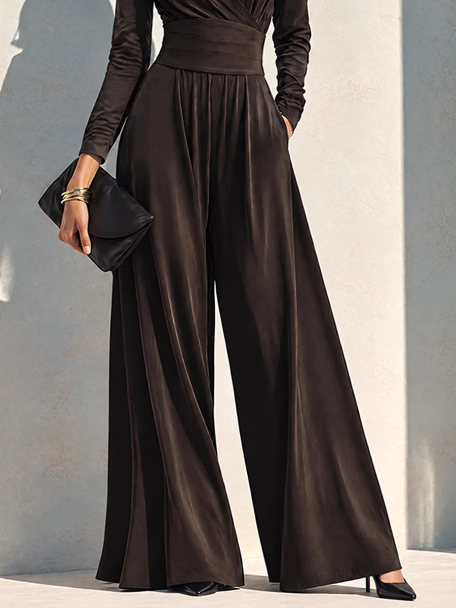 Elegant Chocolate Brown Long Sleeve Wrap Wide Leg Jumpsuit with Waist Detail
