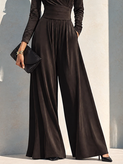 Elegant Chocolate Brown Long Sleeve Wrap Wide Leg Jumpsuit with Waist Detail