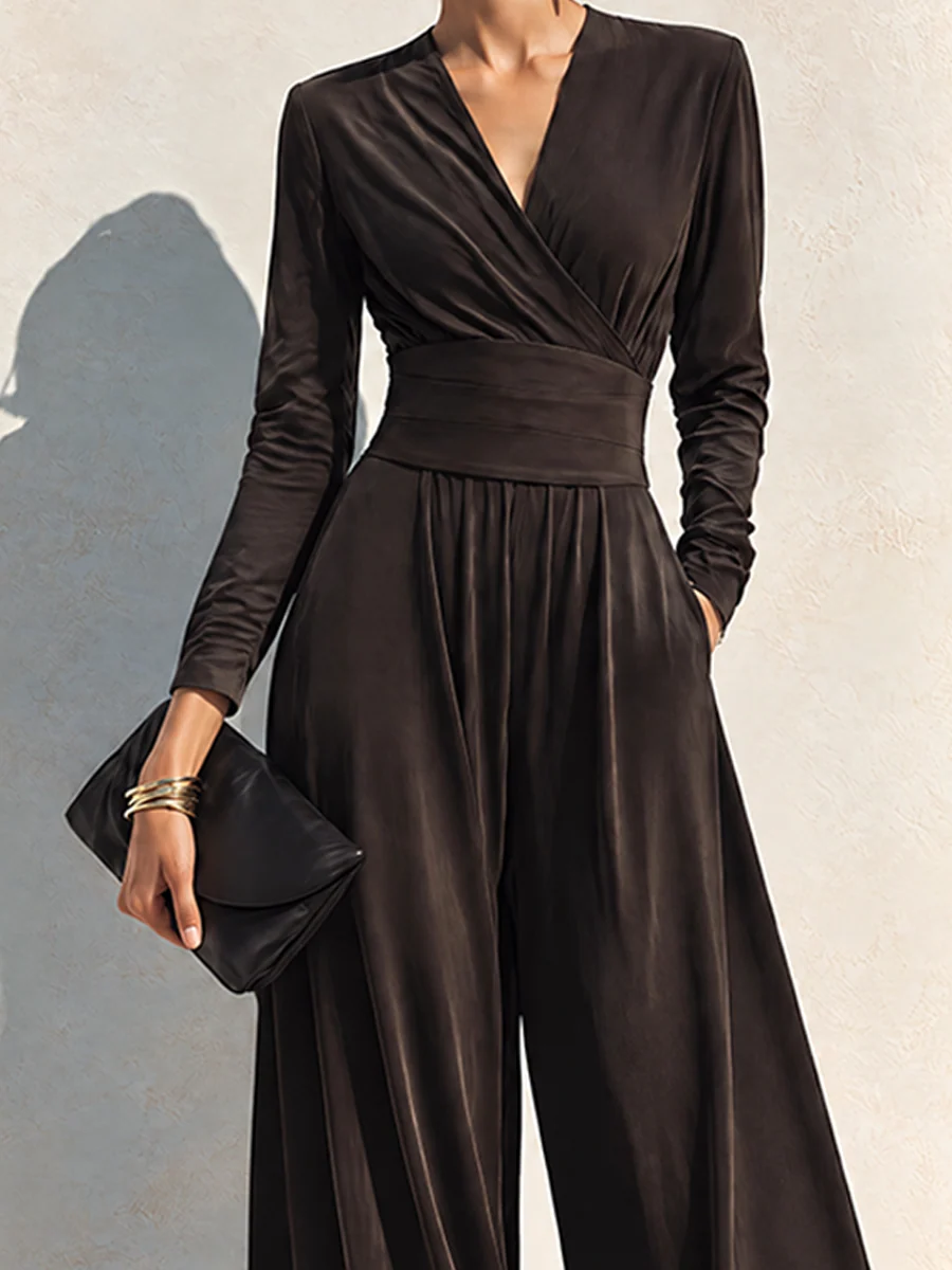 Elegant Chocolate Brown Long Sleeve Wrap Wide Leg Jumpsuit with Waist Detail