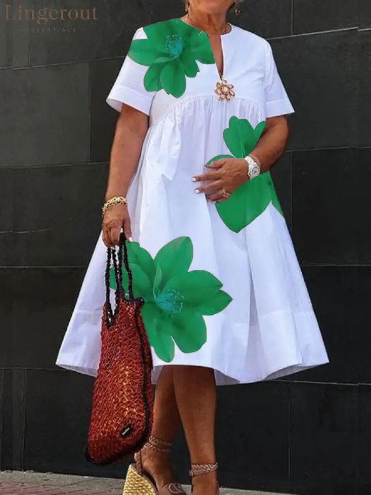 A-Line Loose Flower Print Pleated V-Neck Midi Dresses - GREEN / S