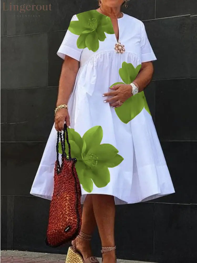 A-Line Loose Flower Print Pleated V-Neck Midi Dresses - LIGHT GREEN / S
