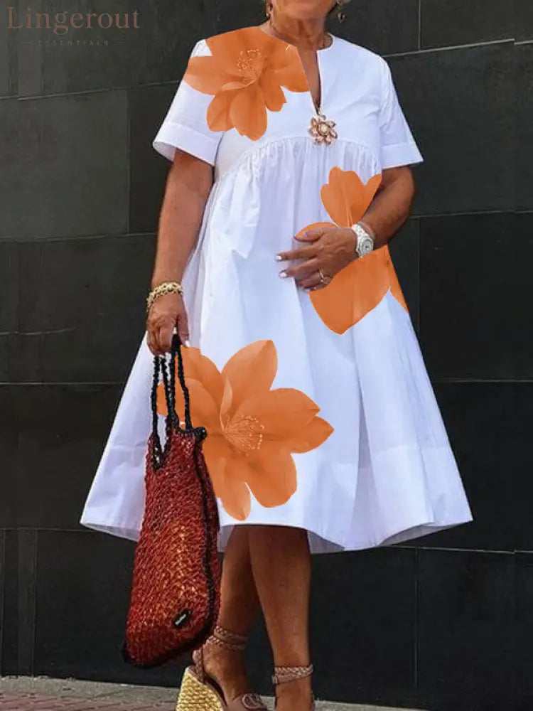 A-Line Loose Flower Print Pleated V-Neck Midi Dresses - ORANGE / S