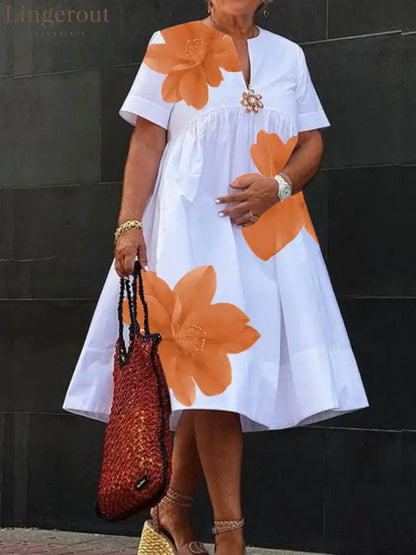A-Line Loose Flower Print Pleated V-Neck Midi Dresses - ORANGE / S