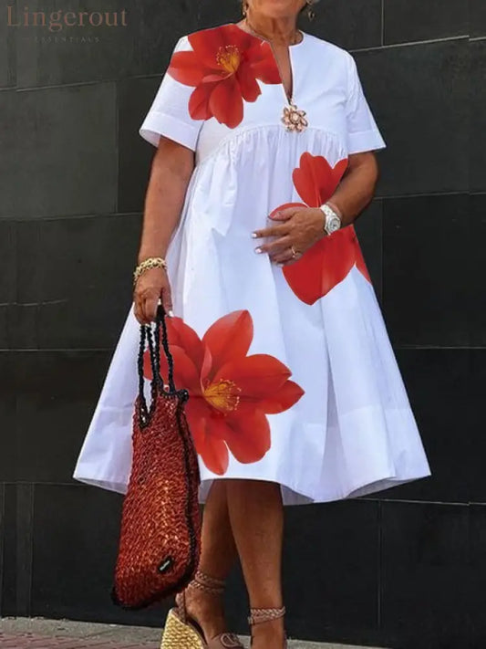 A-Line Loose Flower Print Pleated V-Neck Midi Dresses - Red / S