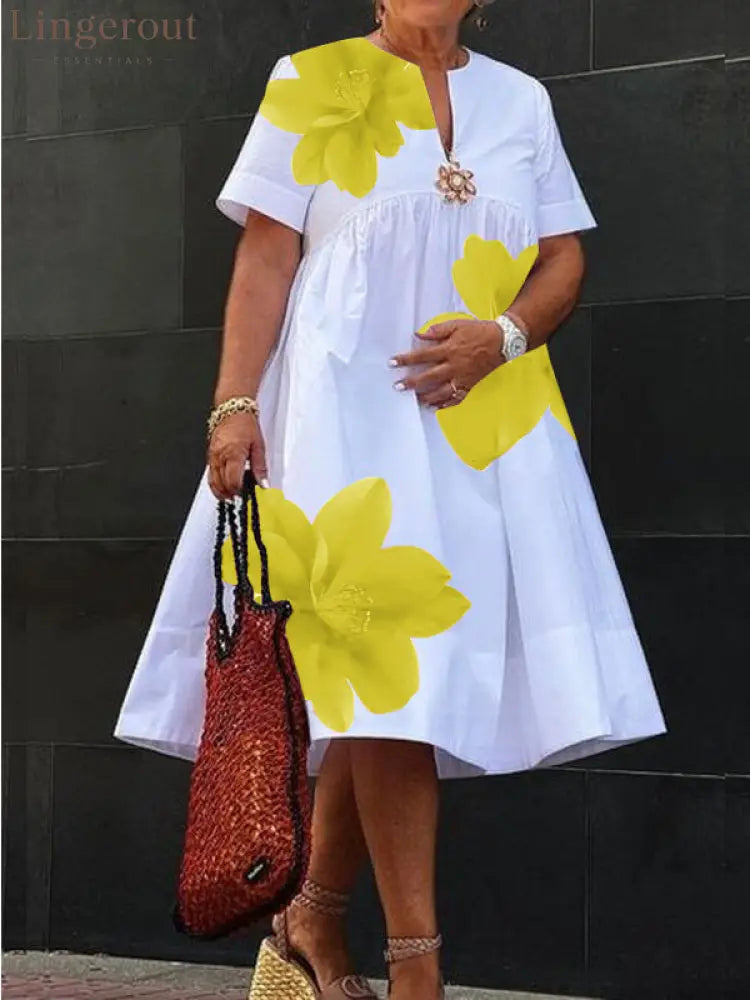 A-Line Loose Flower Print Pleated V-Neck Midi Dresses - YELLOW / S