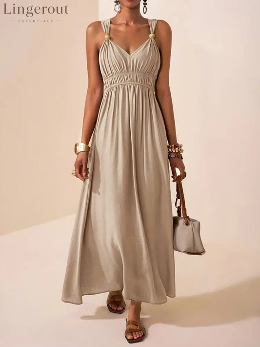 A-Line Loose Pleated Solid Color Spaghetti-Neck Maxi Dresses - APRICOT / S