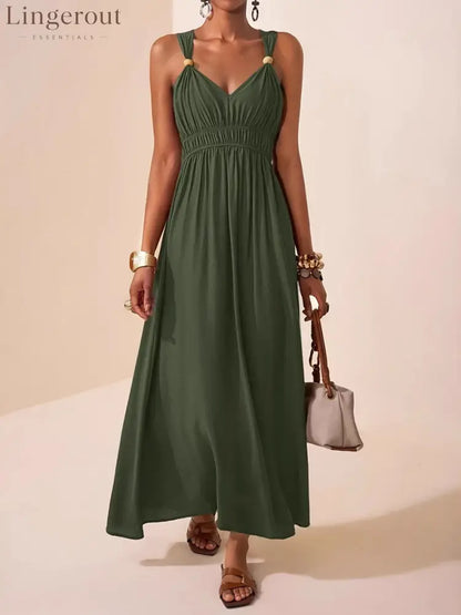 A-Line Loose Pleated Solid Color Spaghetti-Neck Maxi Dresses - ARMY GREEN / S